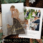 Elegant 6 photos newlywed Merry Christmas gold<br><div class="desc">Elegant luxurious real gold foil script wedding couple photo overlay name and text personalised first Christmas holiday card.          Please note that you can choose the colour of foil: gold,  rose gold,  or silver.</div>