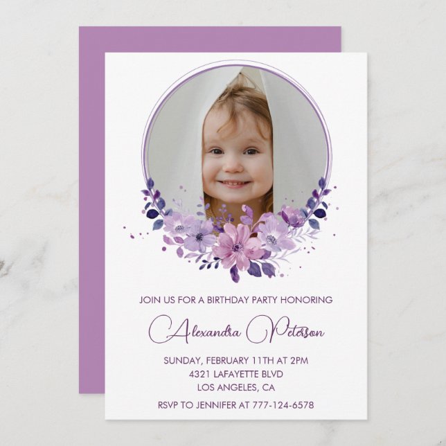 Elegant 6th birthday invitation Photo Floral Boho (Front/Back)