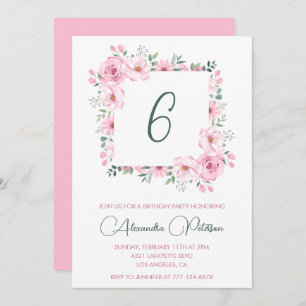 Elegant 6th birthday invitations Floral  Pink