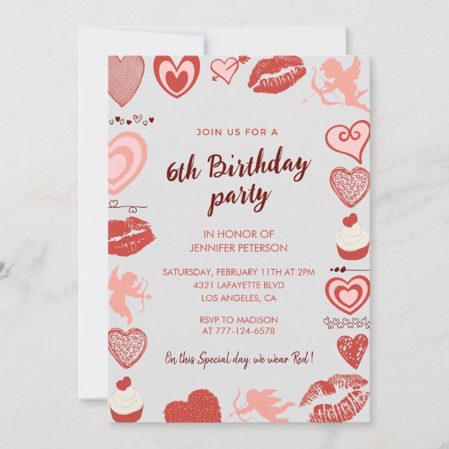 Elegant 6th birthday invitations Grey Red Hearts (Front)