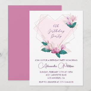 Elegant 6th birthday invitations Pink flowers 