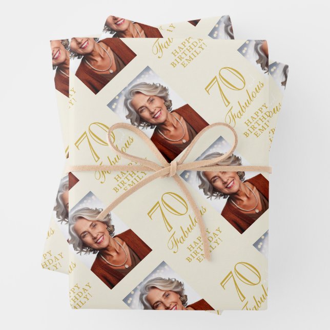 Elegant 70 and Fabulous 70th Birthday Photo Wrapping Paper Sheet (In situ)