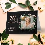 Elegant 70 and Fabulous Flower 70th Birthday Photo Card<br><div class="desc">Elegant 70 and Fabulous Flower 70th Birthday Photo Card. 80 and fabulous text in trendy script with a name on a black background. The custom photo is in a flower frame. Personalise it with your photo, name and age. Add your text inside the card or erase it. It`s a pretty...</div>