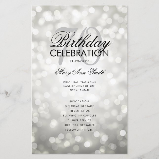 Elegant 70 Birthday Program Lights Silver Menu (Front)