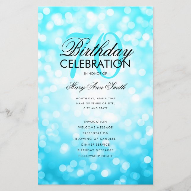 Elegant 70 Birthday Program Lights Teal Menu (Front)