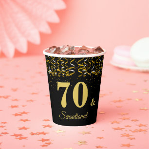 Elegant 70 & Sensational Birthday on Black Paper Cups