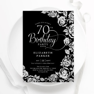 Elegant 70th Birthday Black Silver Roses Invitation