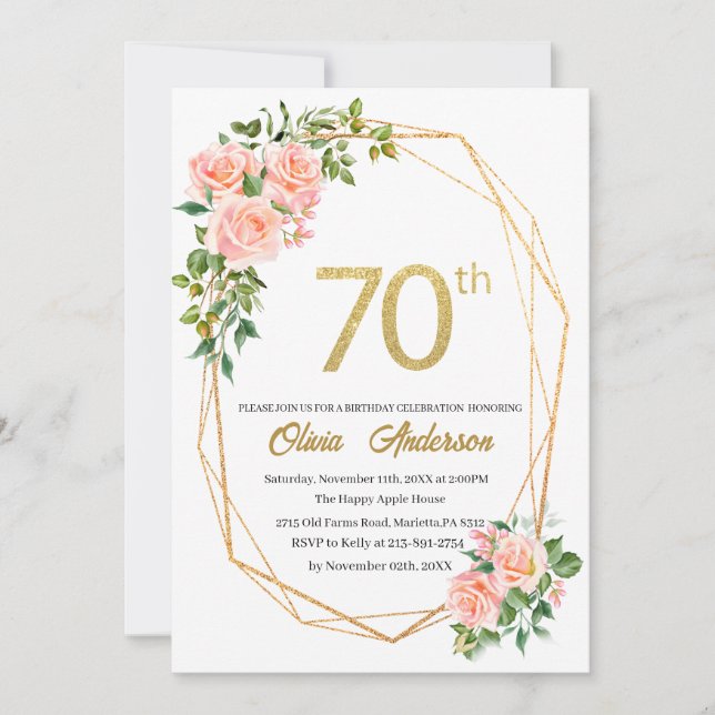 Elegant 70th  Birthday Celebration Watercolor Glit Invitation (Front)