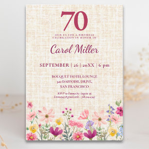 Elegant 70th Birthday for Her - Linen Flowers Invitation