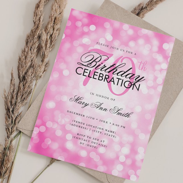 Elegant 70th Birthday Glam Hot Pink Shimmer Light Invitation (Elegant 70th Birthday Glam Hot Pink Shimmer Light Invitation)