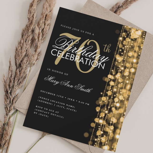Elegant 70th Birthday Glam Sparkles Gold & Black Invitation (Elegant 70th Birthday Glam Sparkles Gold & Black Invitation)