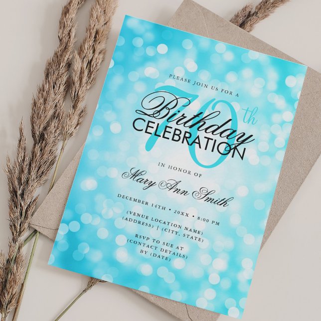 Elegant 70th Birthday Glam Turquoise Shimmer Light Invitation (Elegant 70th Birthday Glam Turquoise Shimmer Light Invitation)