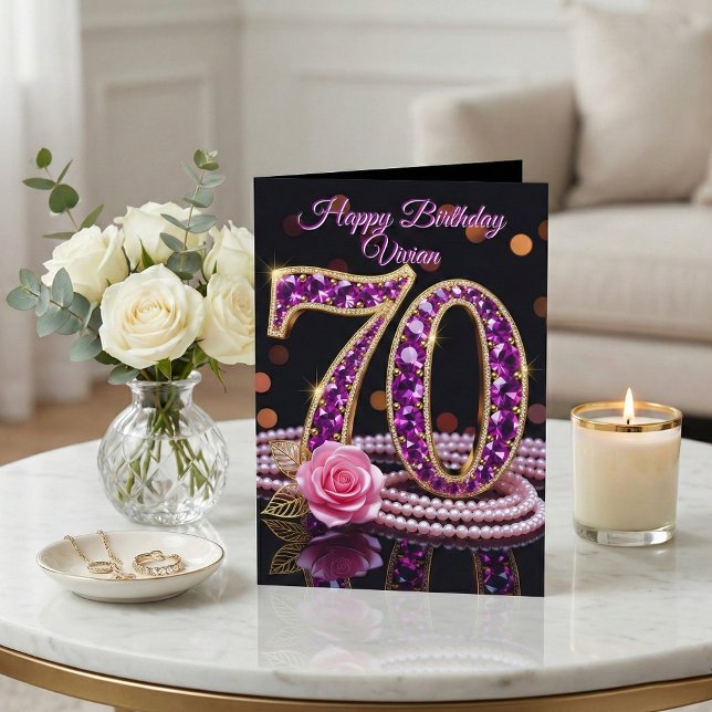 Elegant 70th Birthday Gold Purple Amethyst Rose  Card (Creator Uploaded)