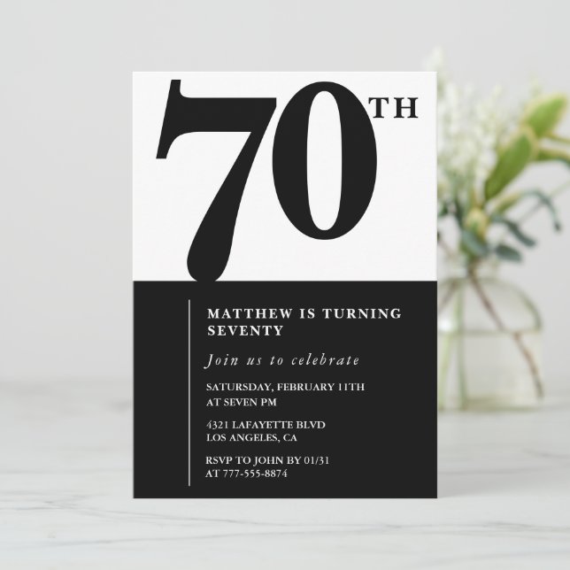Elegant 70th birthday invitation Black Chic Modern (Standing Front)