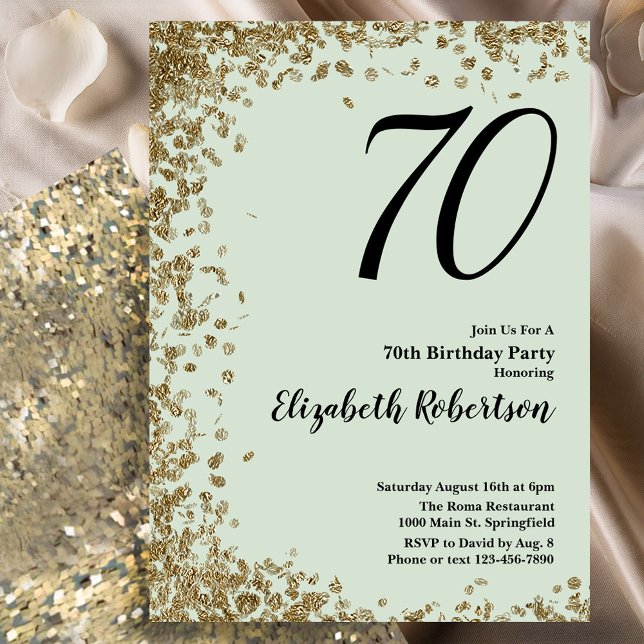 Elegant 70th Birthday Invitation Sage Gold Sequins (Creator Uploaded)