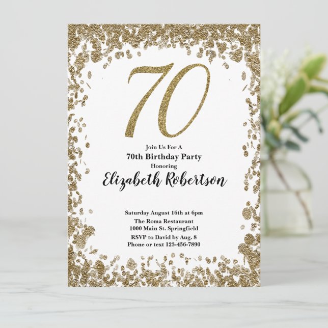 Elegant 70th Birthday Invitation With Gold Sequins (Standing Front)