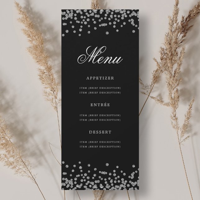 Elegant 70th Birthday Menu Silver Confetti Black  Invitation (Elegant 70th Birthday Menu Silver Confetti Black Invitation)