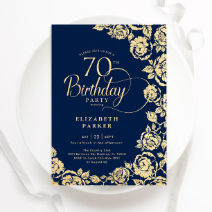 Elegant 70th Birthday Navy Gold Roses Invitation