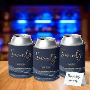 Elegant 70th Birthday Party Blue Gold Agate Can Cooler
