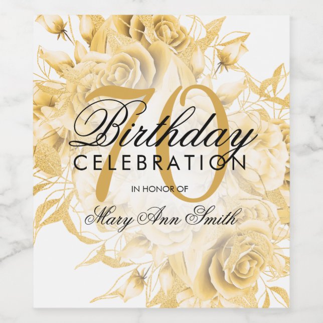 Elegant 70th Birthday Party Floral Gold  Wine Label (Single Label)