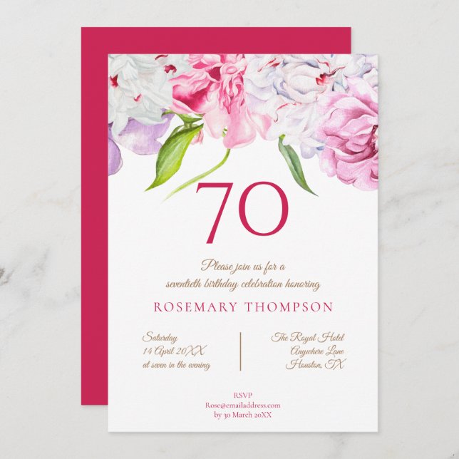 Elegant 70th Birthday Party Floral Peonies Pink Invitation (Front/Back)