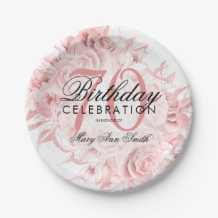 Elegant 70th Birthday Party Floral Rose Gold  Paper Plate