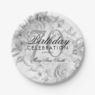 Elegant 70th Birthday Party Floral Silver White Paper Plate