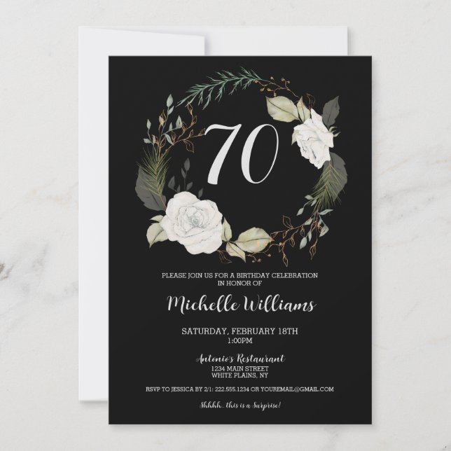 Elegant 70th Birthday Party Floral Wreath Gold Invitation (Front)