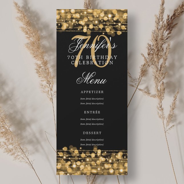 Elegant 70th Birthday Party Menu Gold Lights Invitation (Elegant 70th Birthday Party Menu Gold Lights Invitation)