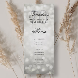 Elegant 70th Birthday Party Menu Silver Bokeh Invitation