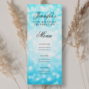 Elegant 70th Birthday Party Menu Turquoise Bokeh Invitation