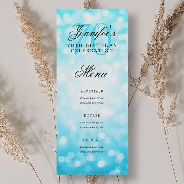 Elegant 70th Birthday Party Menu Turquoise Bokeh  Invitation (Elegant 70th Birthday Party Menu Turquoise Bokeh Invitation)