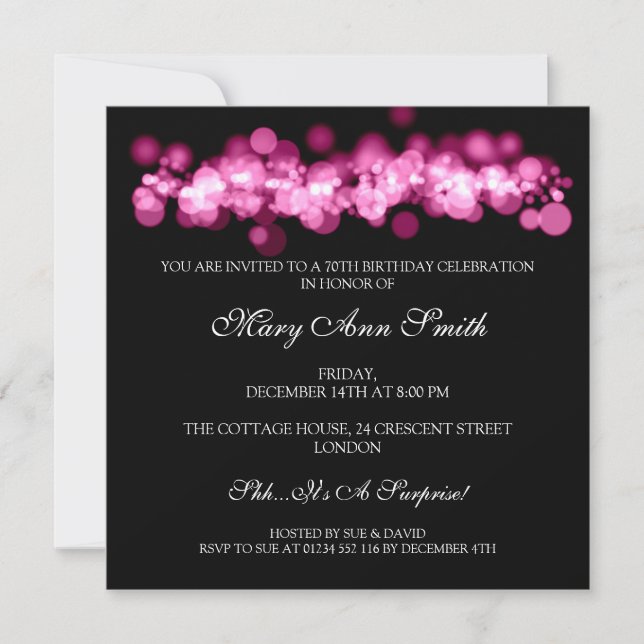 Elegant 70th Birthday Party Pink Bokeh Lights Invitation (Front)
