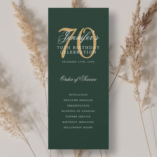Elegant 70th Birthday Party Program Gold Green  Invitation (Elegant 70th Birthday Party Program Gold Green )