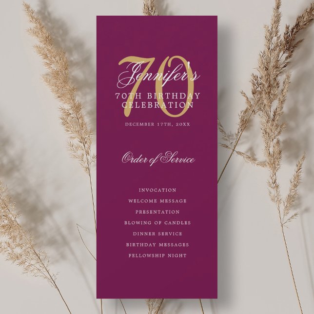 Elegant 70th Birthday Party Program Magenta Gold  Invitation (Elegant 70th Birthday Party Program Magenta Gold )