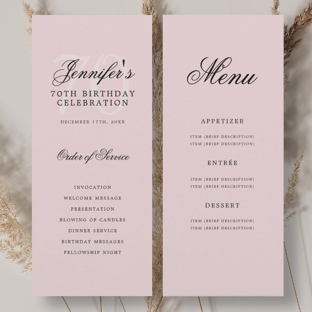 Elegant 70th Birthday Party Program Menu Blush  Invitation (Elegant 70th Birthday Party Program Menu Blush )