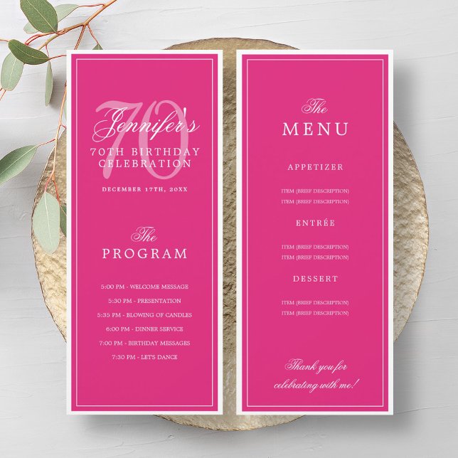 Elegant 70th Birthday Party Program Menu Hot Pink  Invitation (Elegant 70th Birthday Party Program Menu Hot Pink )