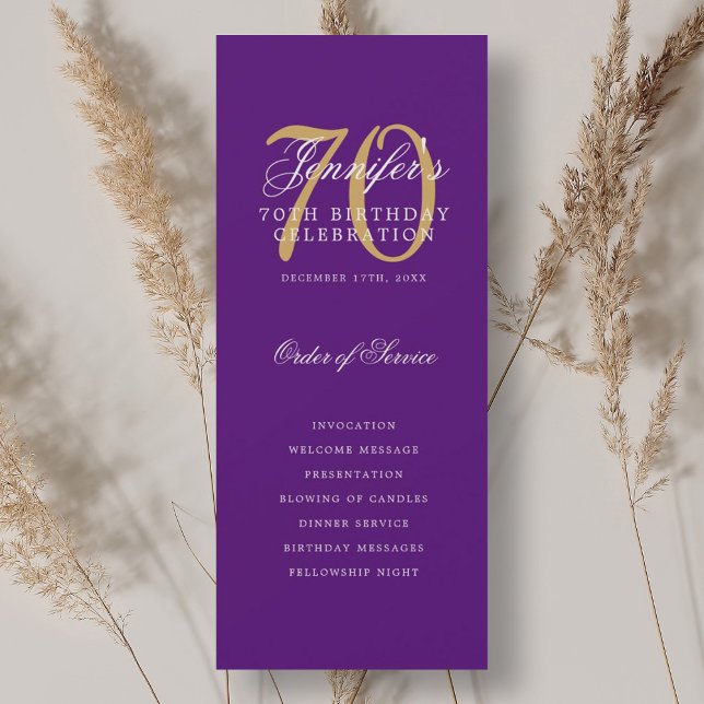 Elegant 70th Birthday Party Program Purple Gold  Invitation (Creator Uploaded)