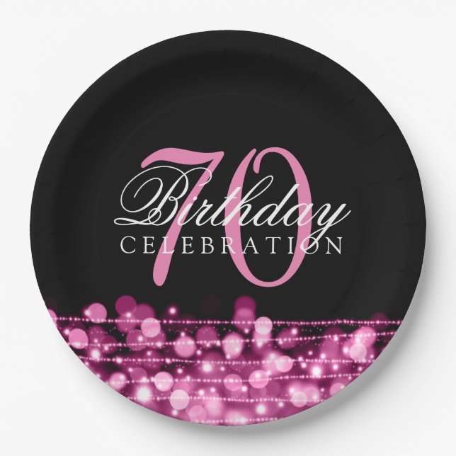 Elegant 70th Birthday Party Sparkles Pink Paper Plate (Front)