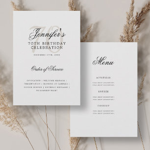 Elegant 70th Birthday Program Black White w/ Menu Invitation