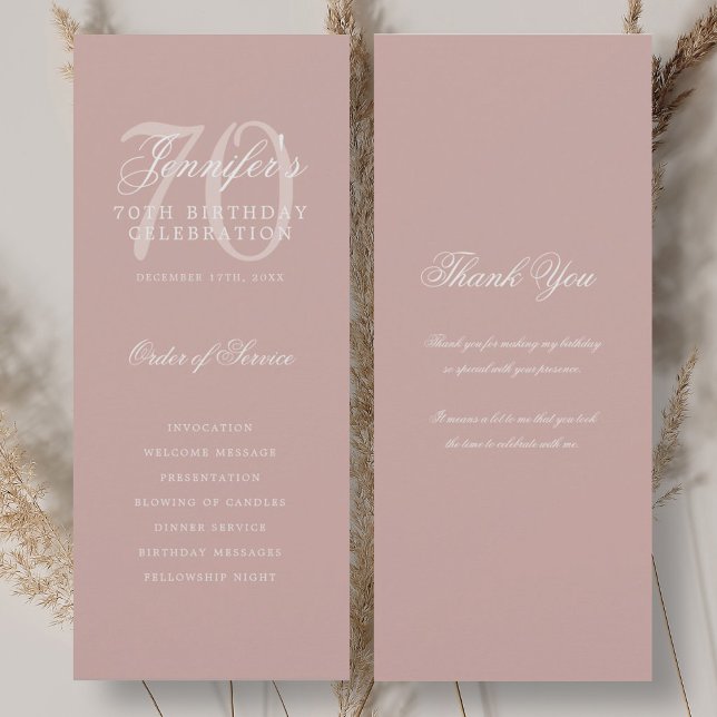 Elegant 70th Birthday Program Dusty Rose Thank You Invitation (Elegant 70th Birthday Program Dusty Rose Thank You)