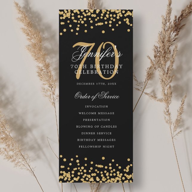Elegant 70th Birthday Program Gold Black Confetti Invitation (Elegant 70th Birthday Program Gold Black Confetti)