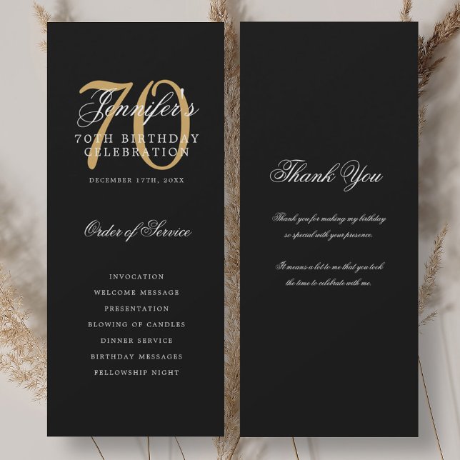 Elegant 70th Birthday Program Gold Black Thank You Invitation (Elegant 70th Birthday Program Gold Black Thank You)