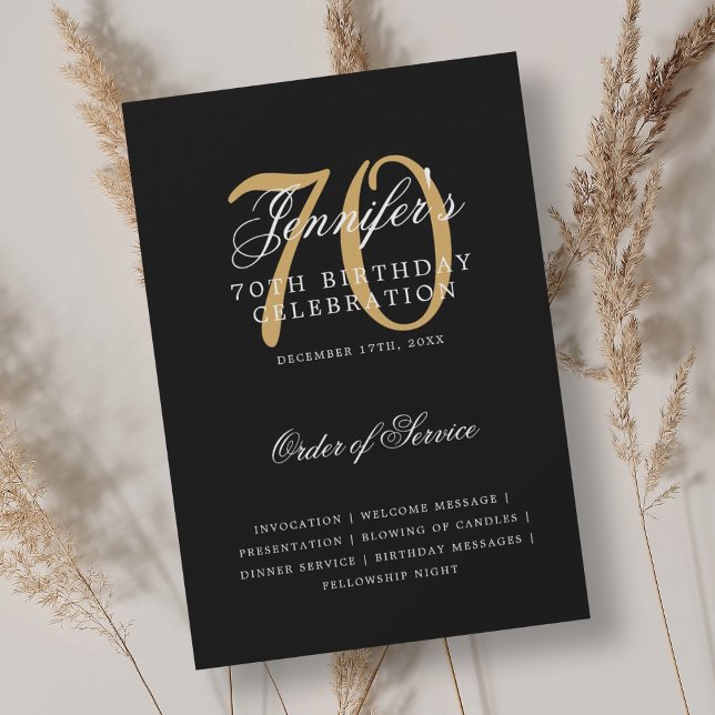 Elegant 70th Birthday Program Gold Black w/ Menu Invitation (Elegant 70th Birthday Program Gold Black w/ Menu)