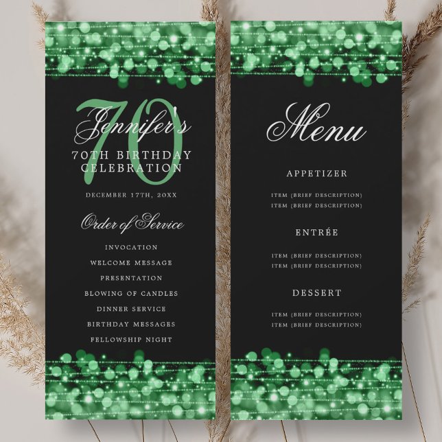Elegant 70th Birthday Program Green w/ Menu Invitation (Elegant 70th Birthday Program Green w/ Menu)