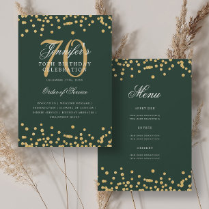 Elegant 70th Birthday Program Menu Gold Green  Invitation