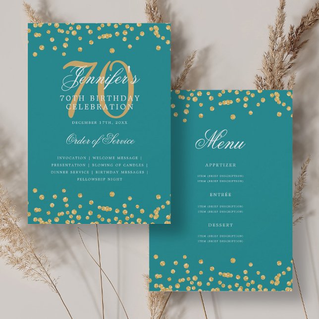 Elegant 70th Birthday Program Menu Gold Turquoise  Invitation (Elegant 70th Birthday Program Menu Gold Turquoise )