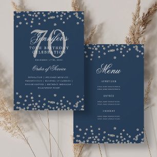 Elegant 70th Birthday Program Menu Silver Navy  Invitation