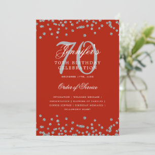 Elegant 70th Birthday Program Menu Silver Red  Invitation
