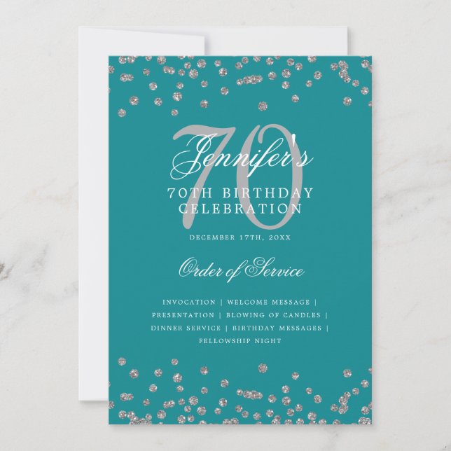 Elegant 70th Birthday Program Menu Silver Teal  Invitation (Front)
